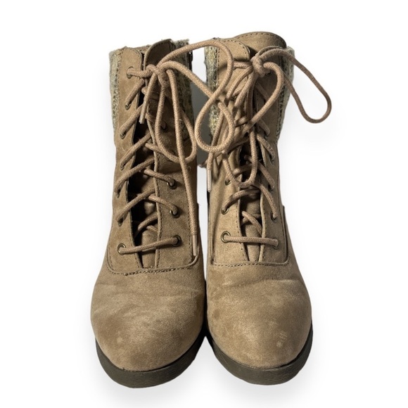 SO Wedge Tan Boot Womens Sweater Knit Collar Edge Zip Up and Lace Up - Picture 5 of 16